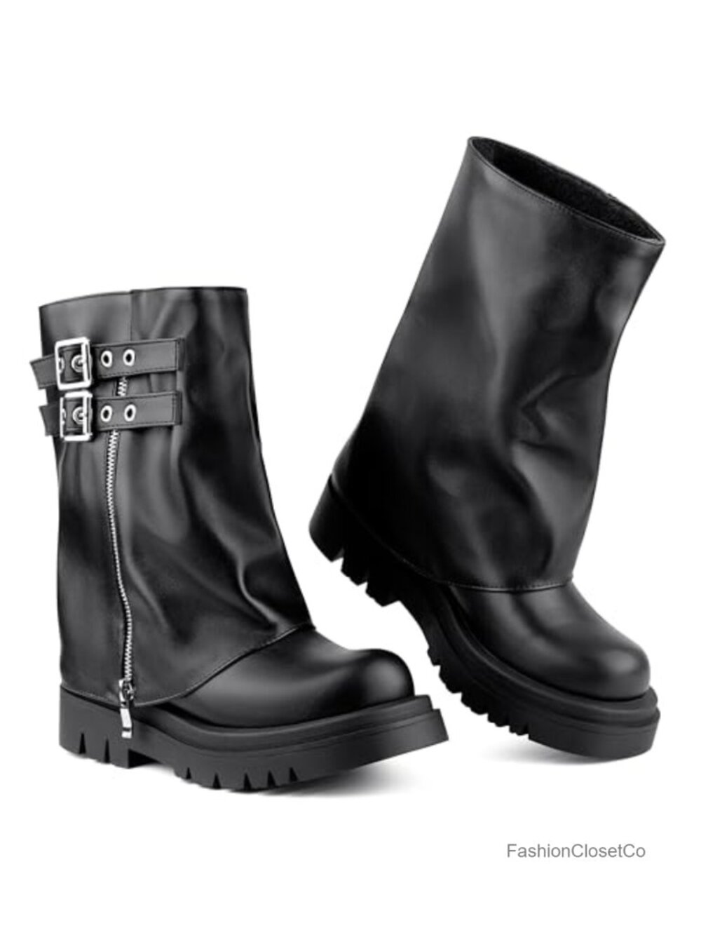 Fold Over Moto Biker Combat Boots with Buckle Straps